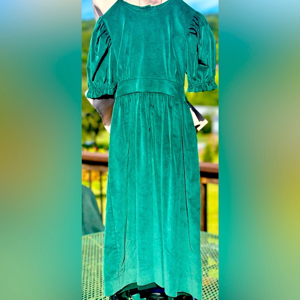 🐢 Girls Eloise Hunter Green Size 8 Long Heavy Velvety dress. Puffy Short…